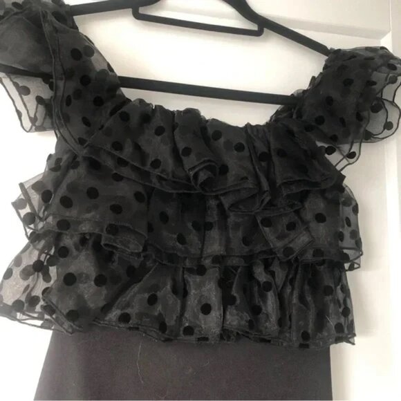 NEW Zara Mini Dress Sheer Polka Dot Ruffles Bodycon Black Zipper Sleeveless XS - Picture 2 of 2